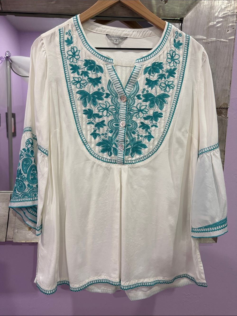John Mark White Tunic with Teal Embroidery